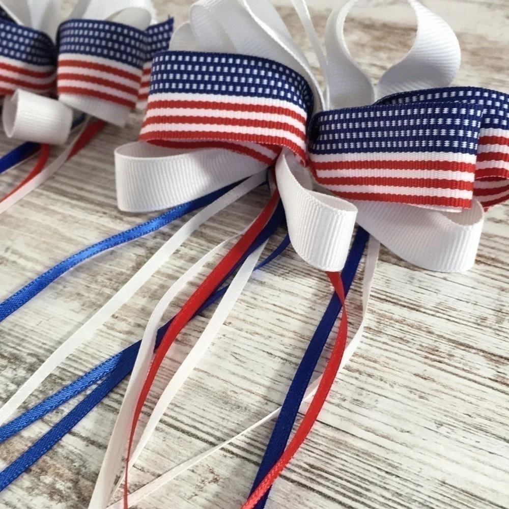 Patriotic Flag Ribbon Hair Bow Barrettes Set of 2 (4th of July)